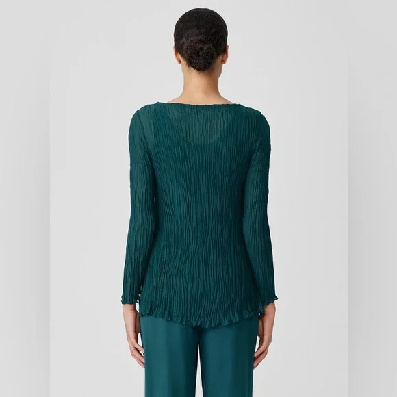 NWT EILEEN FISHER Crinkled Sheer Silk Georgette Bateau Neck Long Top Sz L - Picture 3 of 11